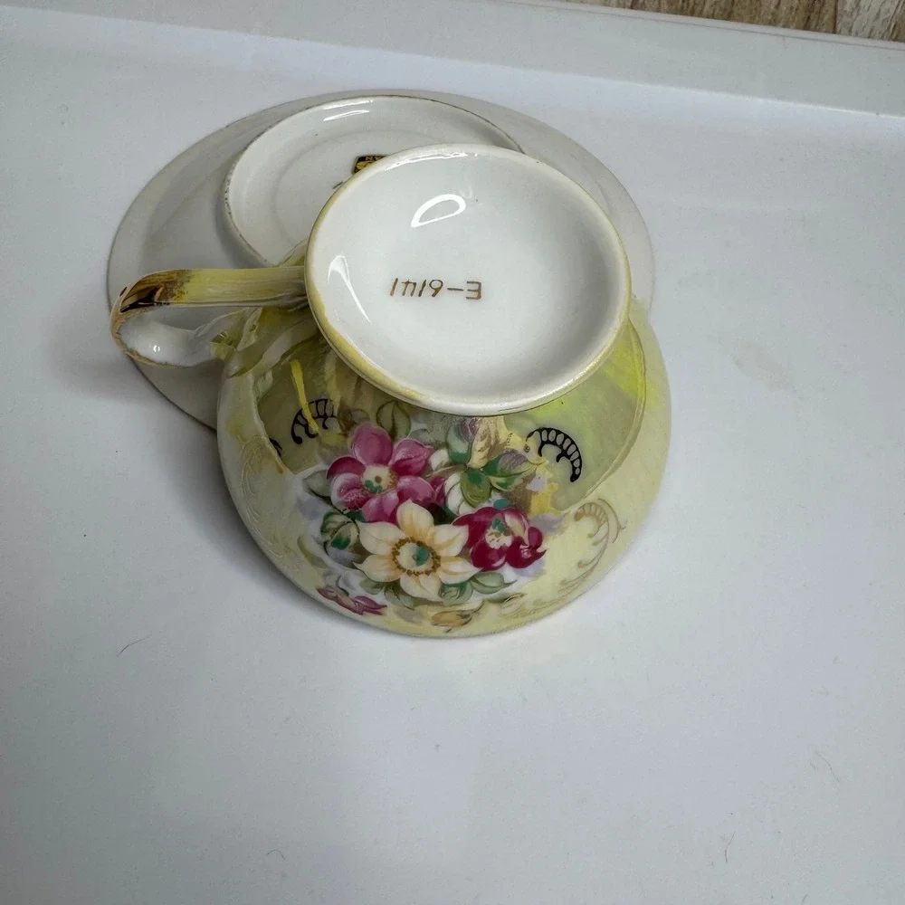 Inarco Japan E-6141 Yellow Lusterware Tea Cup and Saucer Set Floral Gold Trim